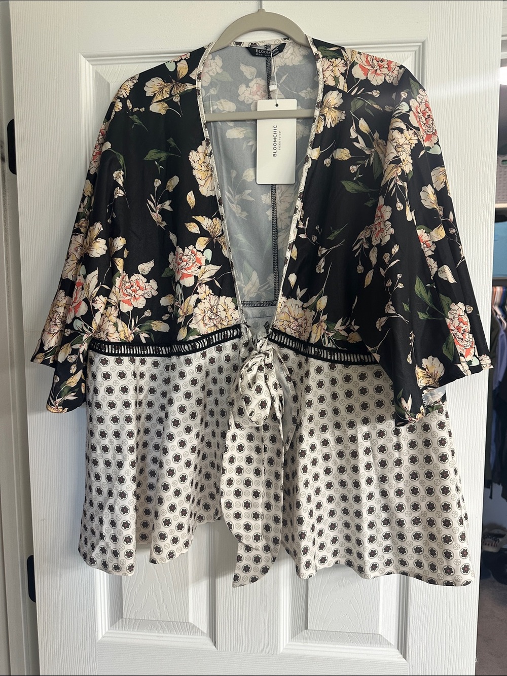 Bloom chic Mixed Floral Satin tie blouse in Black, Cream & Green